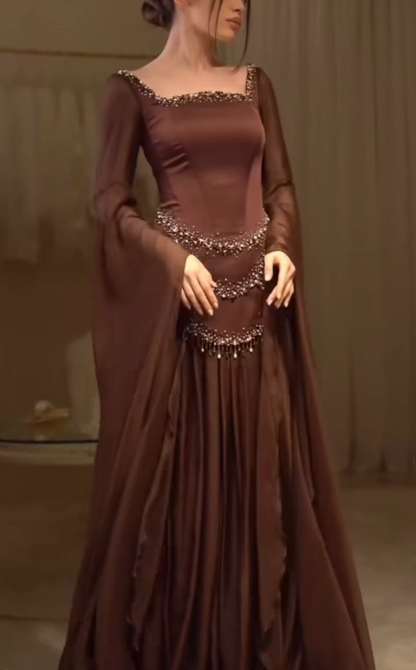 Vintage Square Neck Brown Satin Chiffon Beaded Mermaid Evening Dress Long Prom Gown