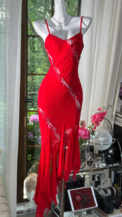 Charming Spaghetti Straps Red Chiffon Beaded Sheath Prom Dress Evening Gown