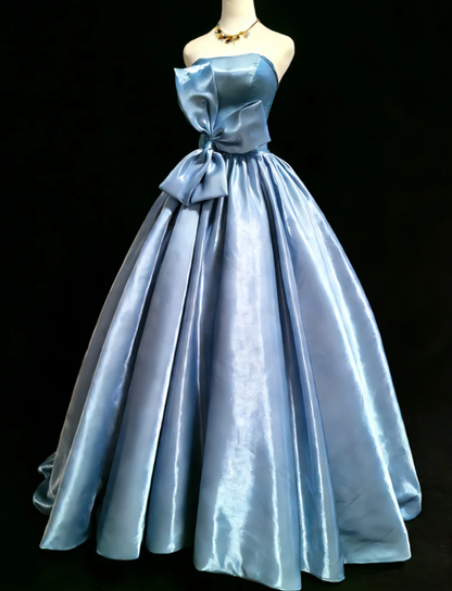 Cute Blue Strapless Bow Satin Ball Gown Formal Birthday Party Dress SP1585