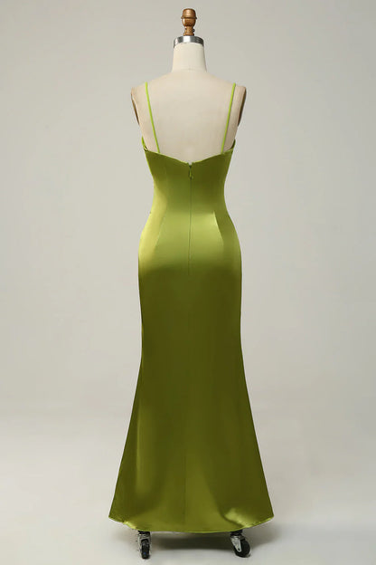 Tight slim shoulder strap lemon green mud bridesmaid dress
