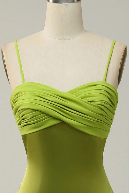 Tight slim shoulder strap lemon green mud bridesmaid dress