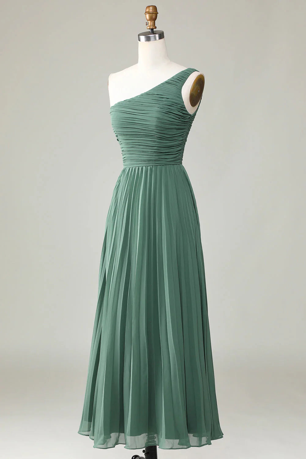 Eucalyptus one shoulder A-line pleated bridesmaid dress