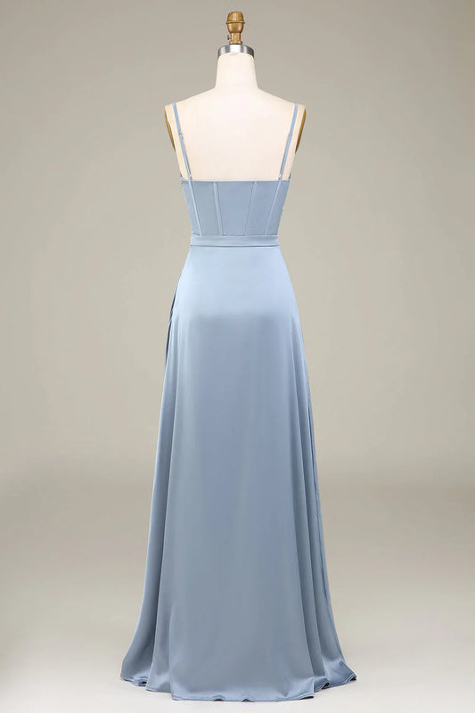 Grey blue A-line thin shoulder strap satin long bridesmaid dress