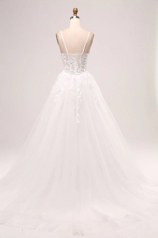 Ivory A-line thin shoulder strap tight fitting corset lace sheer long wedding dress