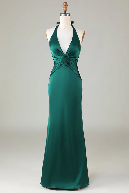 Fish Tail Hanging Neck Dark Green Bridesmaid Dress