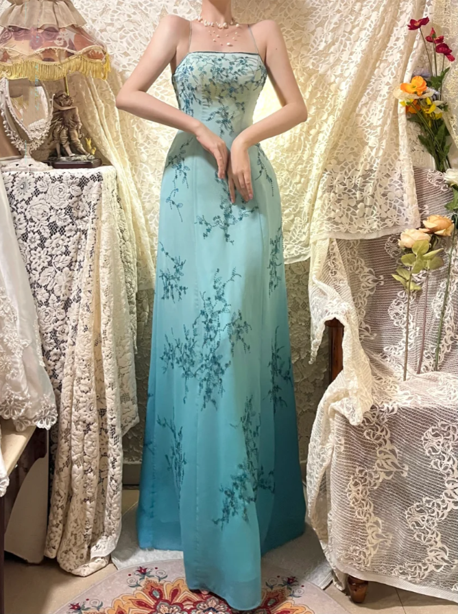 Gorgeous Spaghetti Straps Omber Blue Chiffon Beaded Mermaid Long Party Dress Evening Gown