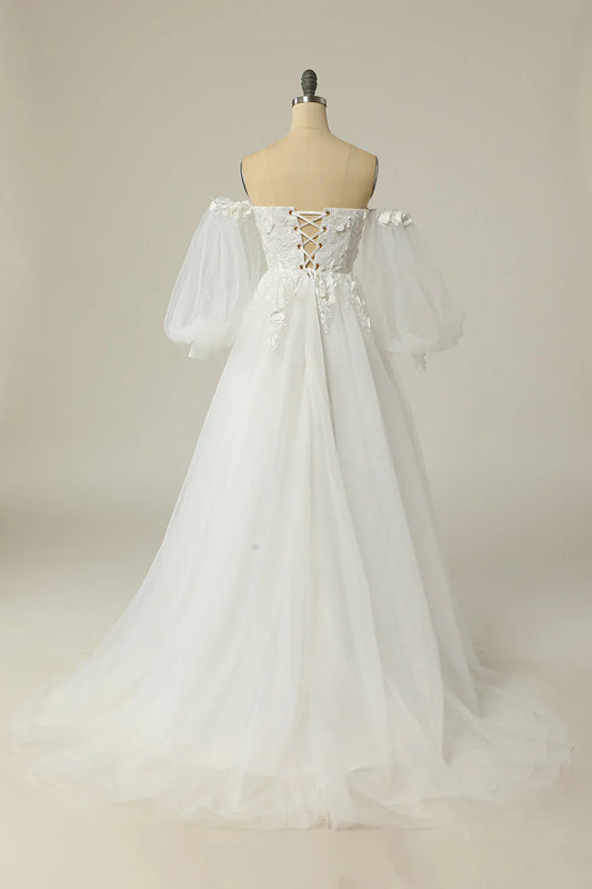 A Line Off Shoulder Ivory Long sleeved Wedding Dress