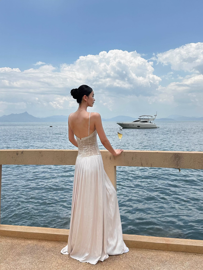 Unique Apricot Spaghetti Straps V Neck Lace Satin A Line Long Evening Dress Party Gown