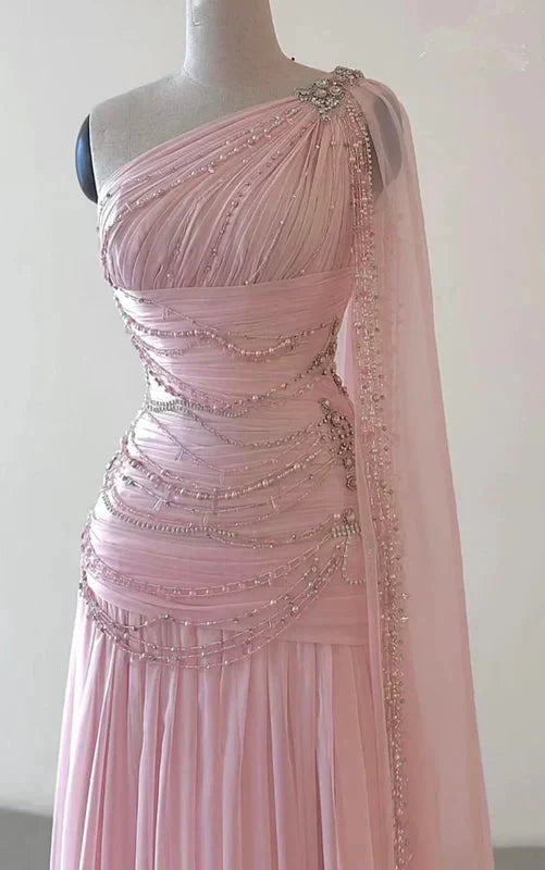 A Line One Shoulder Pink Chiffon Prom Gowns Prom Dresses (For Sue Nardi)