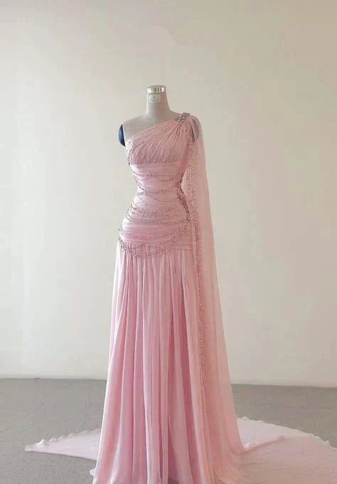 A Line One Shoulder Pink Chiffon Prom Gowns Prom Dresses (For Sue Nardi)