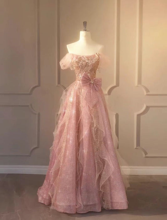 A Line Pink Long Prom Dress Glam Prom Dresses Prom Gowns