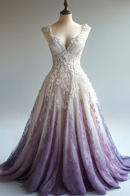 A-Line Straps Tulle Beaded Long Prom Dresses Applique Sweetheart Neck Prom Gowns