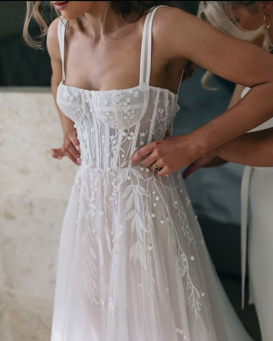 A Line Straps Tulle Long Wedding Dresses Princess Bridal Gowns