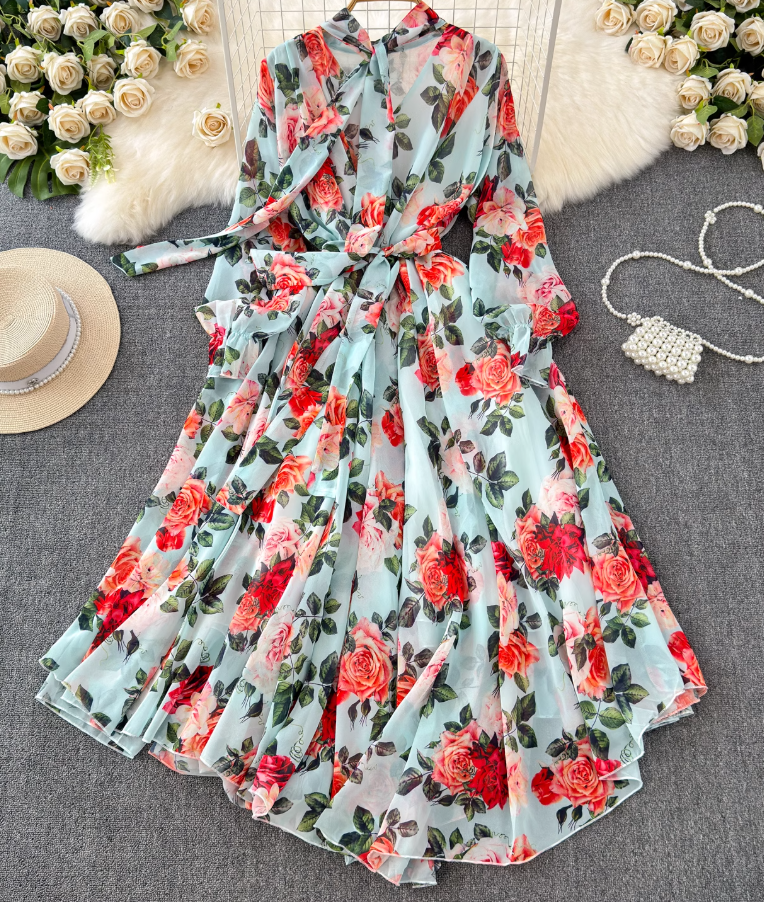 French elegant dress spring dress with bow tie collar slim fit long swing chiffon holiday dress R0351
