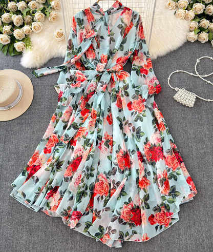 French elegant dress spring dress with bow tie collar slim fit long swing chiffon holiday dress R0351