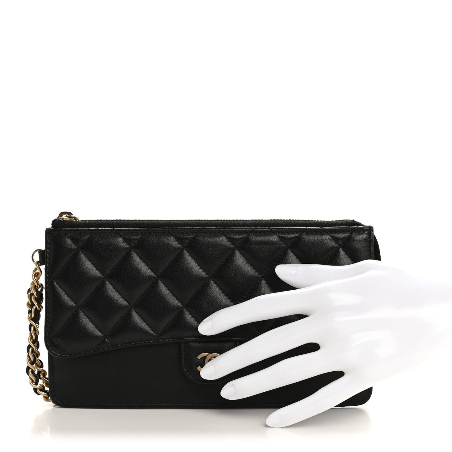 Lambskin Quilted Classic Pouch With Handle Black
