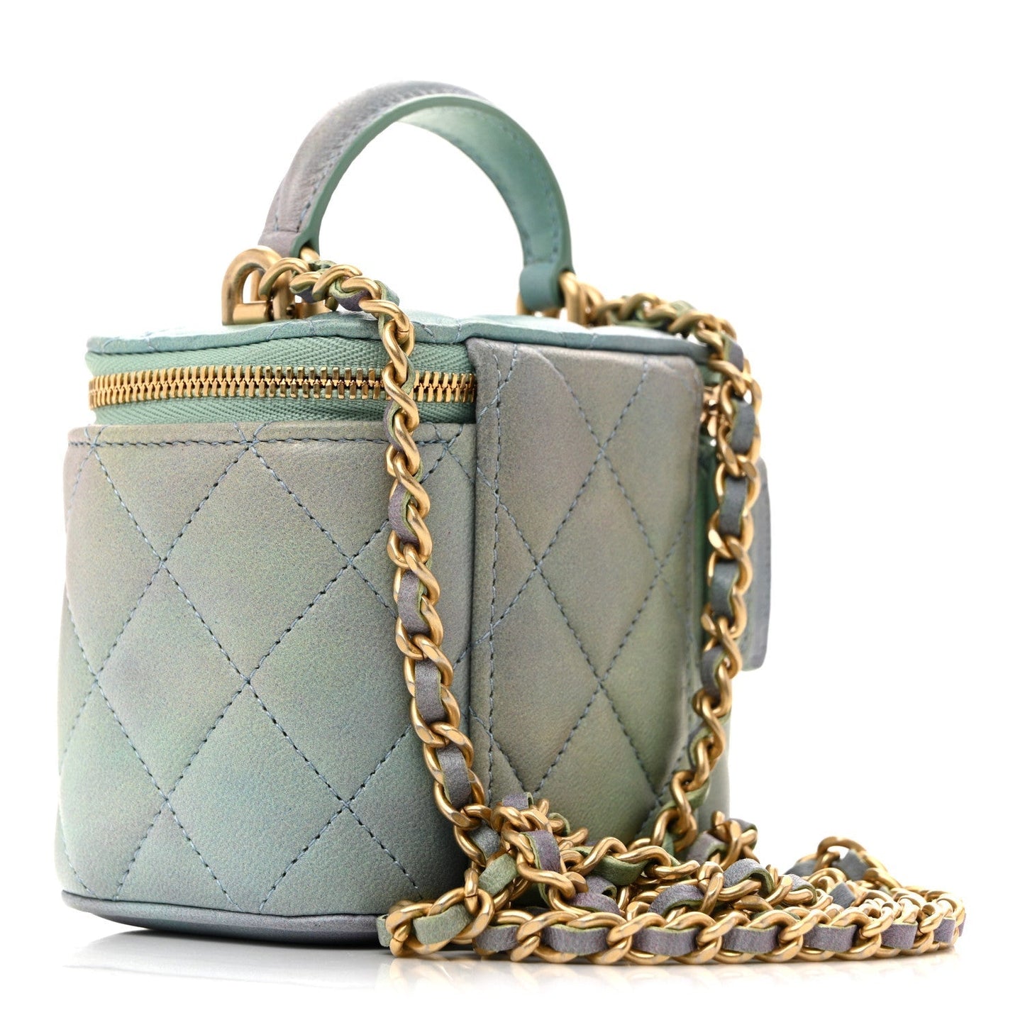 Lambskin Quilted Ombre Top Handle Mini Vanity Case With Chain Blue Green