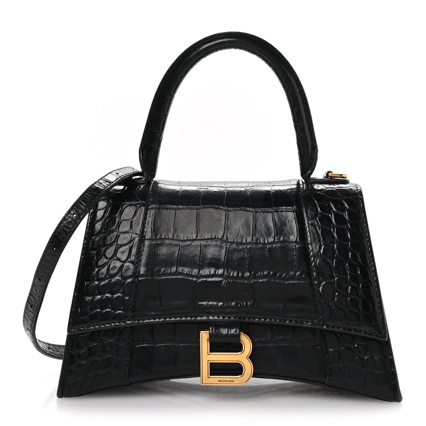 Shiny Calfskin Crocodile Embossed Small Hourglass Top Handle Bag Black