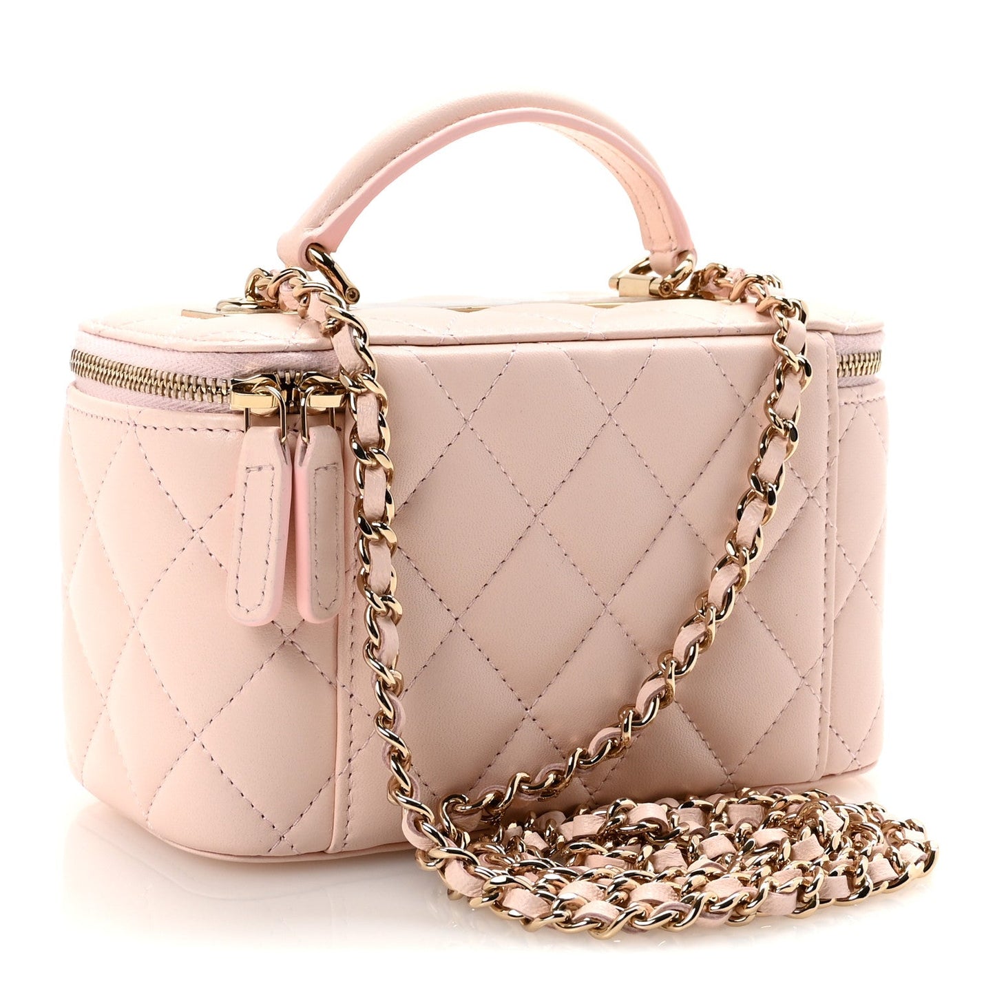 Lambskin Quilted Trendy Small Top Handle Vanity Case With Chain Light Pink