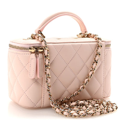 Lambskin Quilted Trendy Small Top Handle Vanity Case With Chain Light Pink