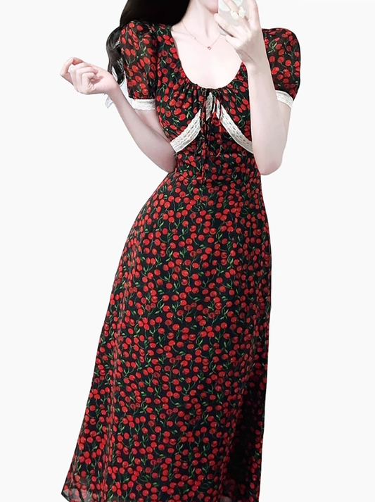 2025 Summer New French Red Cherry Floral Square Neck Short Sleeve Long Dress R0930