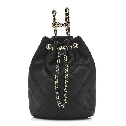 Shiny Lambskin Quilted Drawstring Backpack Black