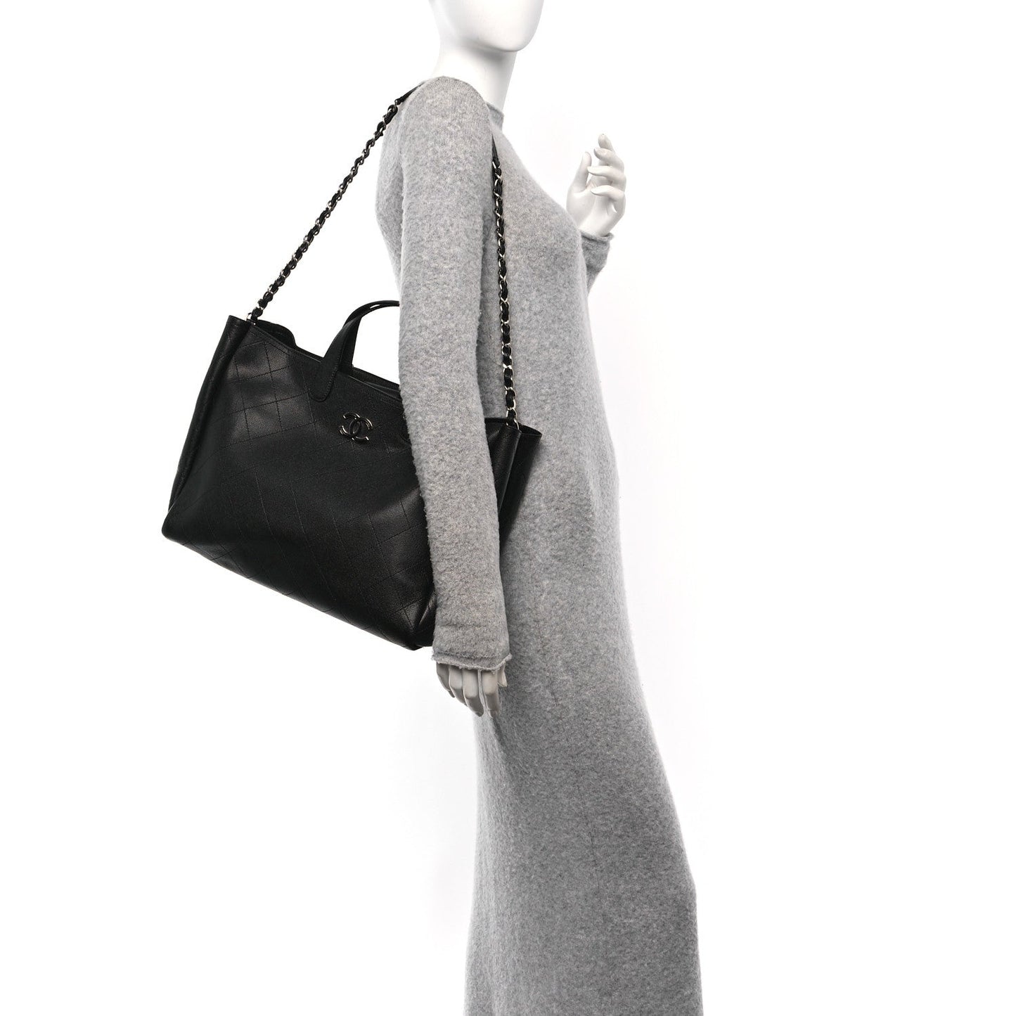 Caviar Stitched Large Lady Coco Shopping Tote Black