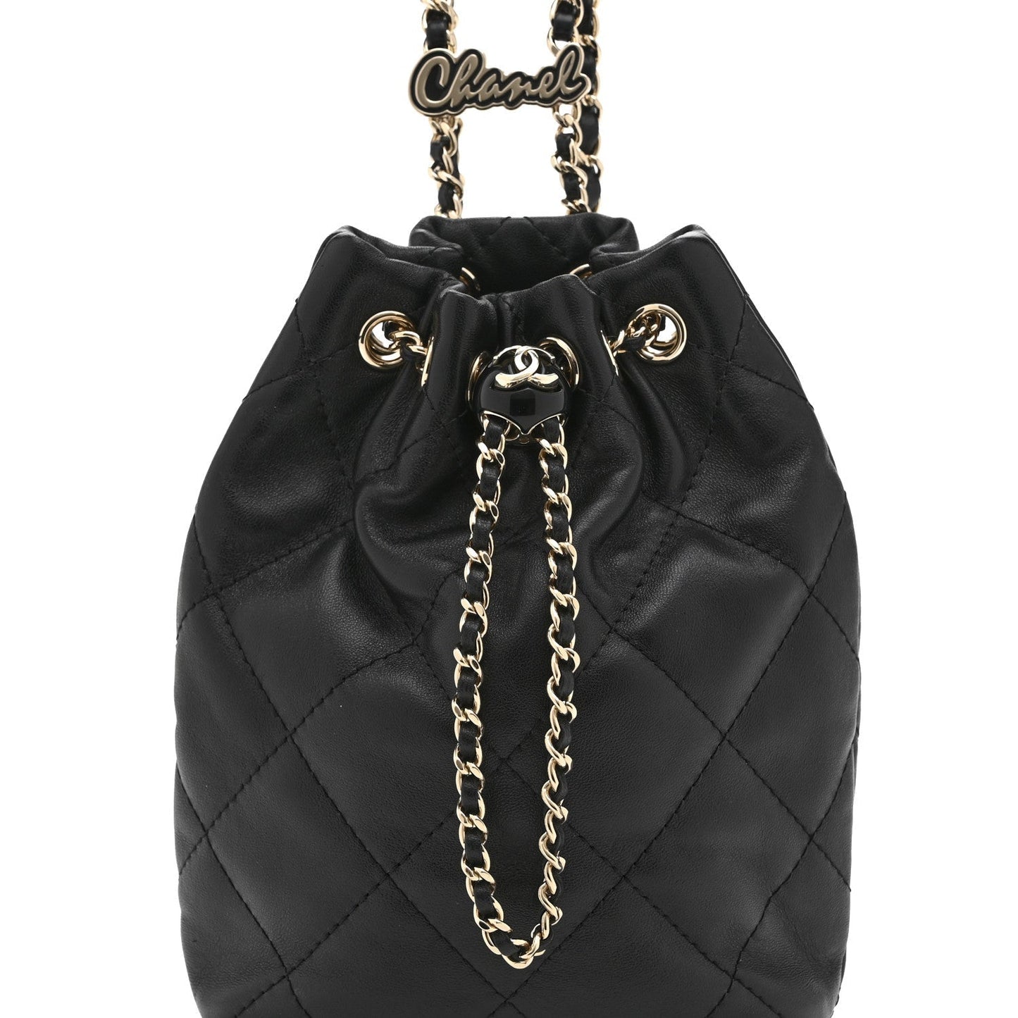 Shiny Lambskin Quilted Drawstring Backpack Black