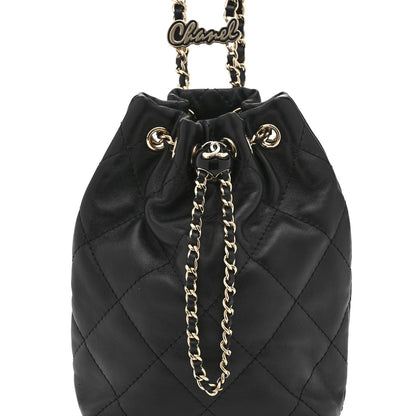 Shiny Lambskin Quilted Drawstring Backpack Black