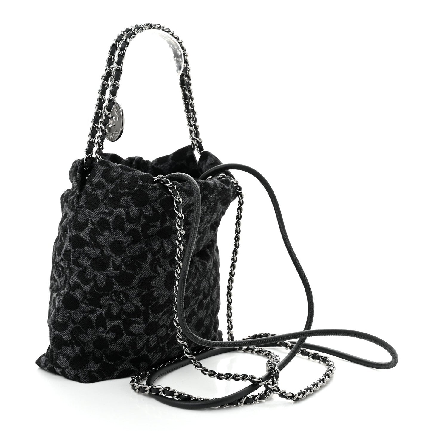 Denim Quilted Floral Print Mini Chanel 22 Black Grey