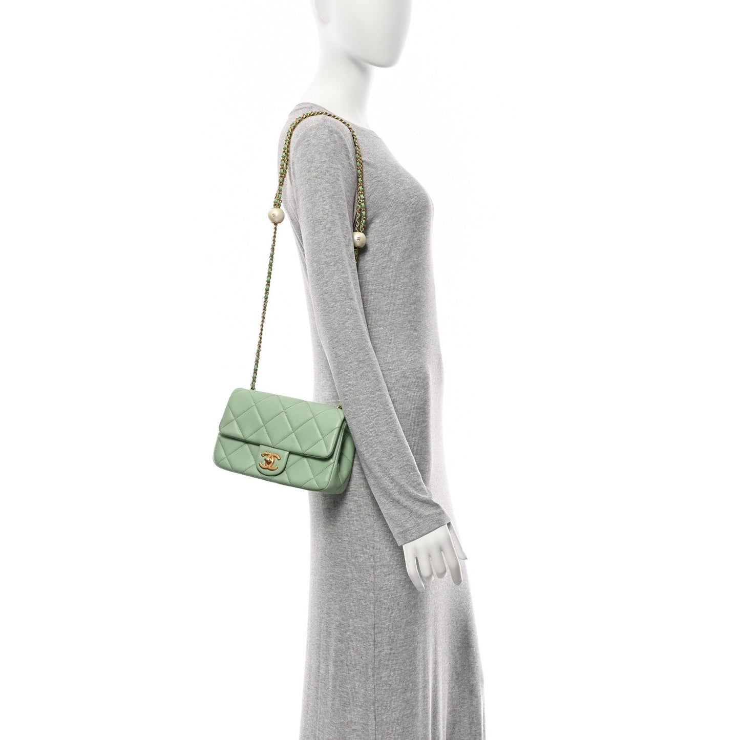Lambskin Quilted Pearl Small Flap Light Green