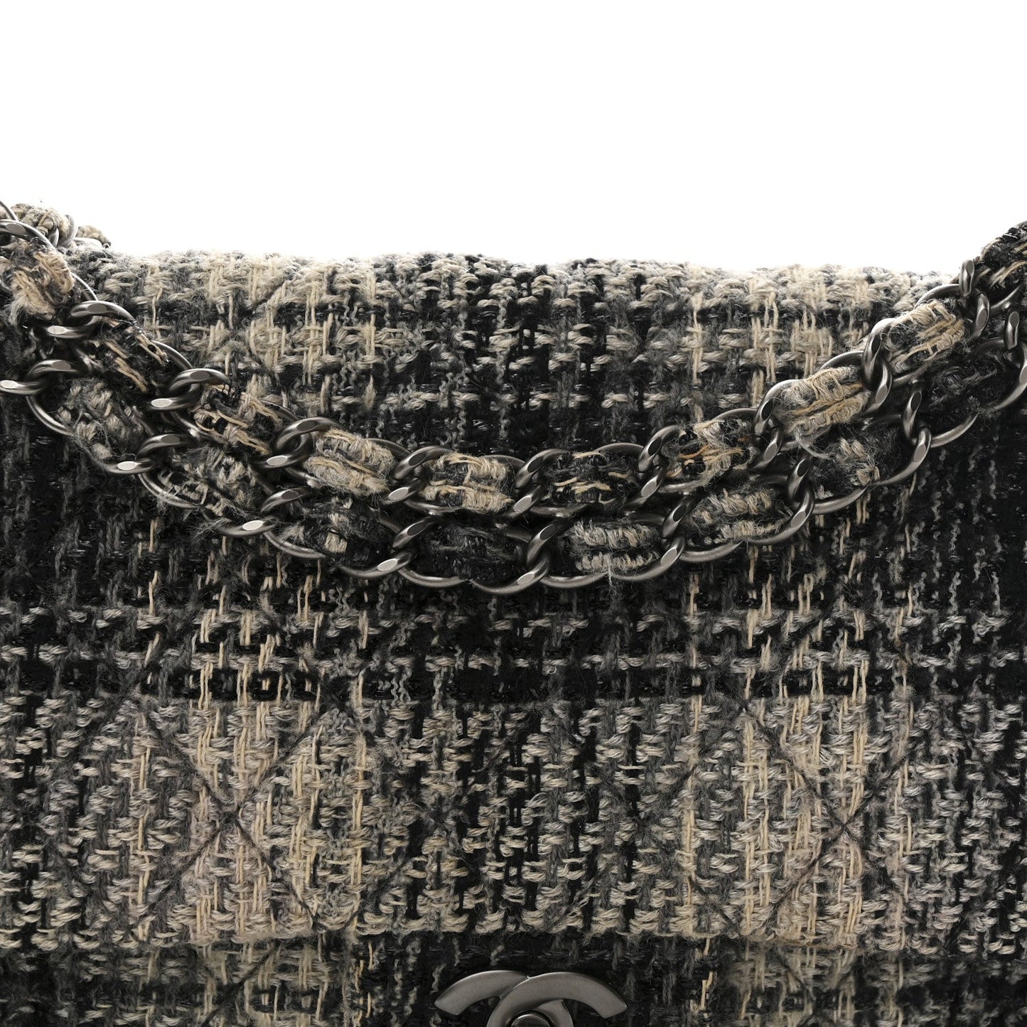 Tweed Quilted Medium Double Flap Beige White Black