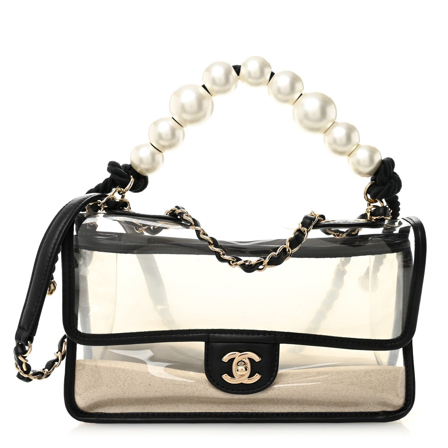 Lambskin PVC Sand By The Sea Flap With Pearl Strap Black
