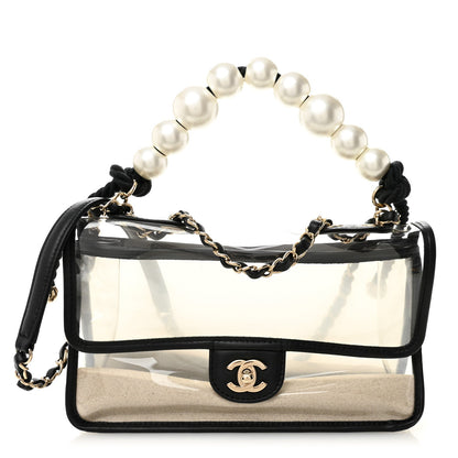 Lambskin PVC Sand By The Sea Flap With Pearl Strap Black