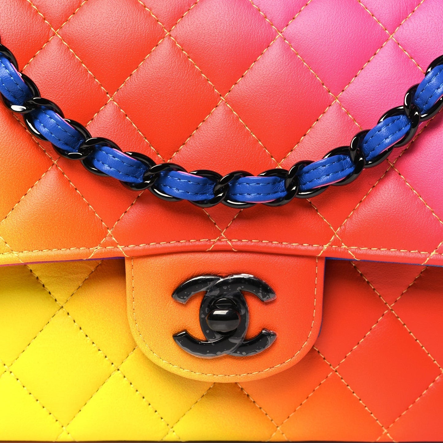 Calfskin Quilted Medium Rainbow Double Flap Multicolor