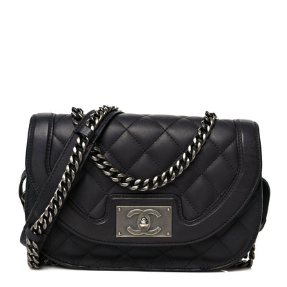 Shiny Goatskin Quilted Small Double Chained Messenger Flap Black