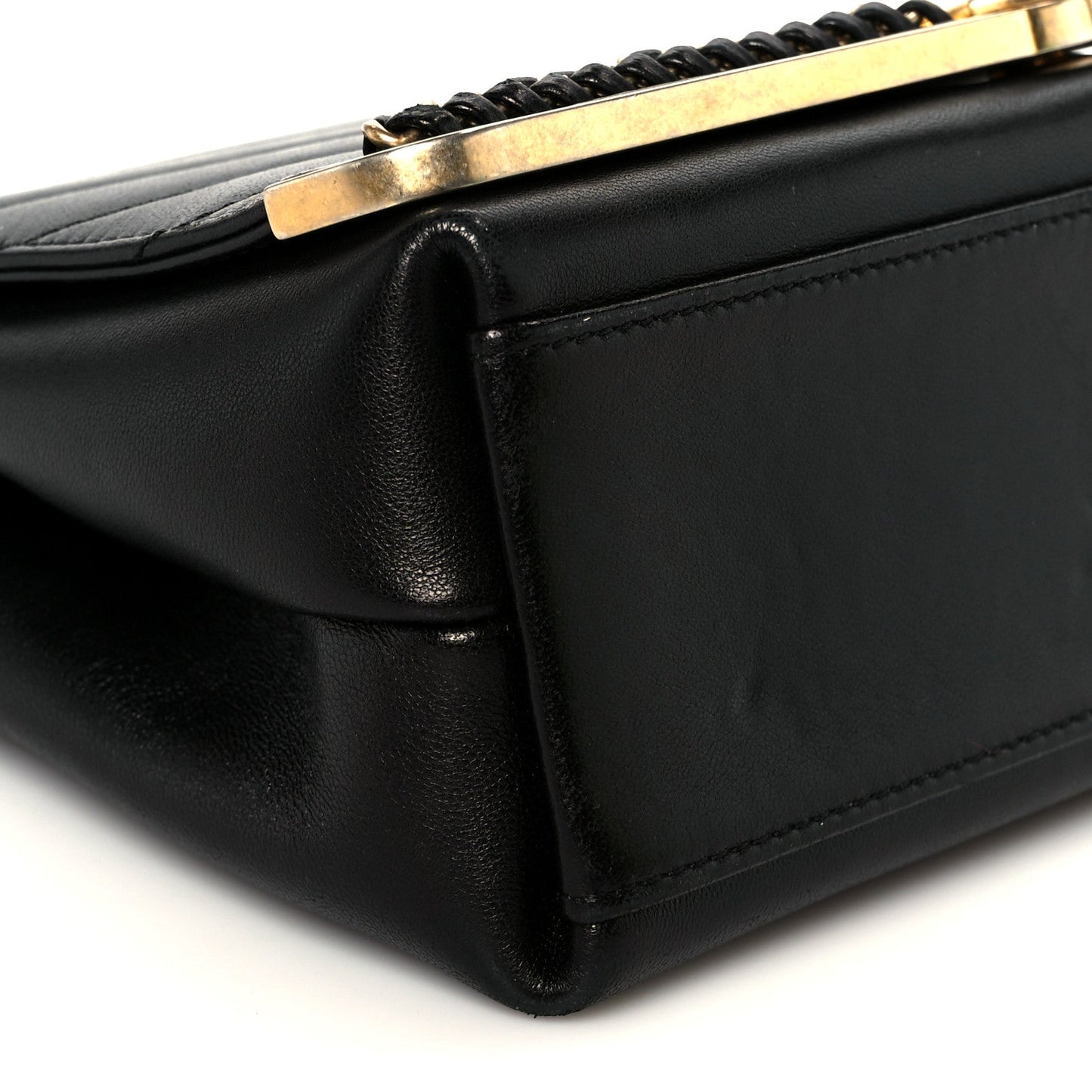 Sheepskin Chevron Stitched Chain Top Handle Flap Black