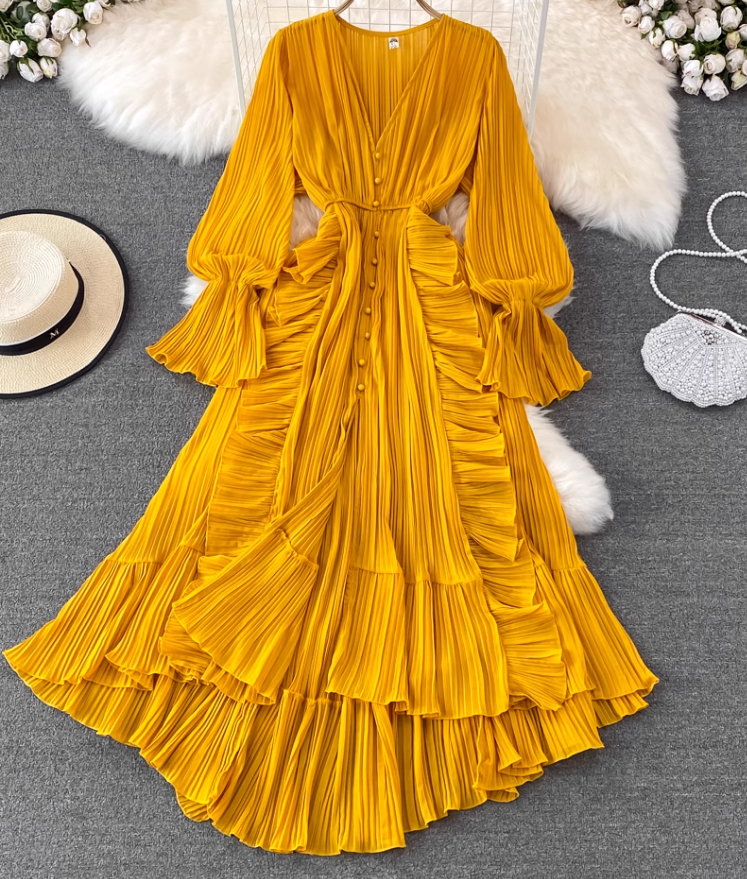 Spring super fairy seaside vacation ruffled high waist slim V-neck dress desert travel red long skirt R0329