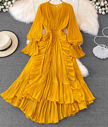 Spring super fairy seaside vacation ruffled high waist slim V-neck dress desert travel red long skirt R0329