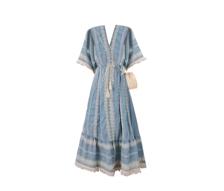 2025 new bohemian holiday dress blue v-neck embroidered beach maxi dress R0008
