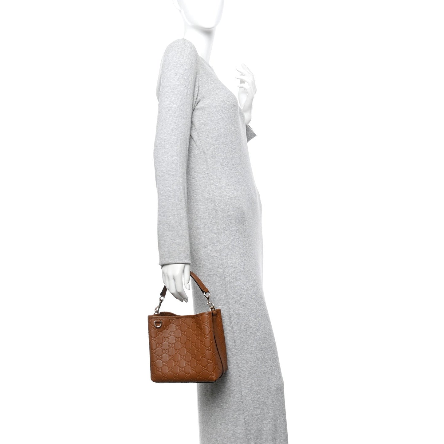 GG Calfskin Embossed Emblem Small Bucket Bag Brown