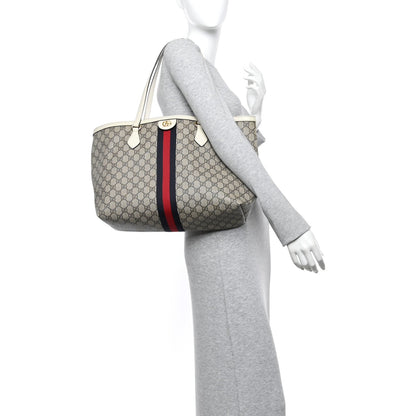 GG Supreme Monogram Textured Dollar Calfskin Web Medium Ophidia Shopping Tote Beige Ebony Mystic White