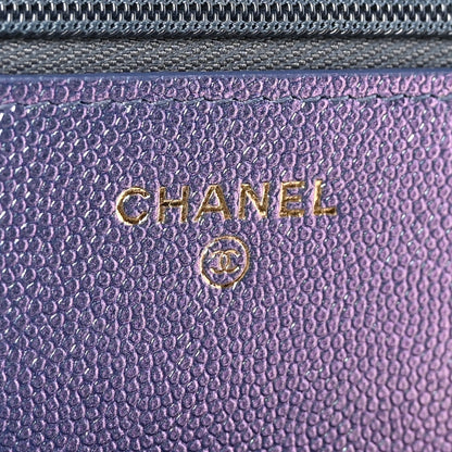 Iridescent Caviar Quilted Wallet on Chain WOC Dark Blue