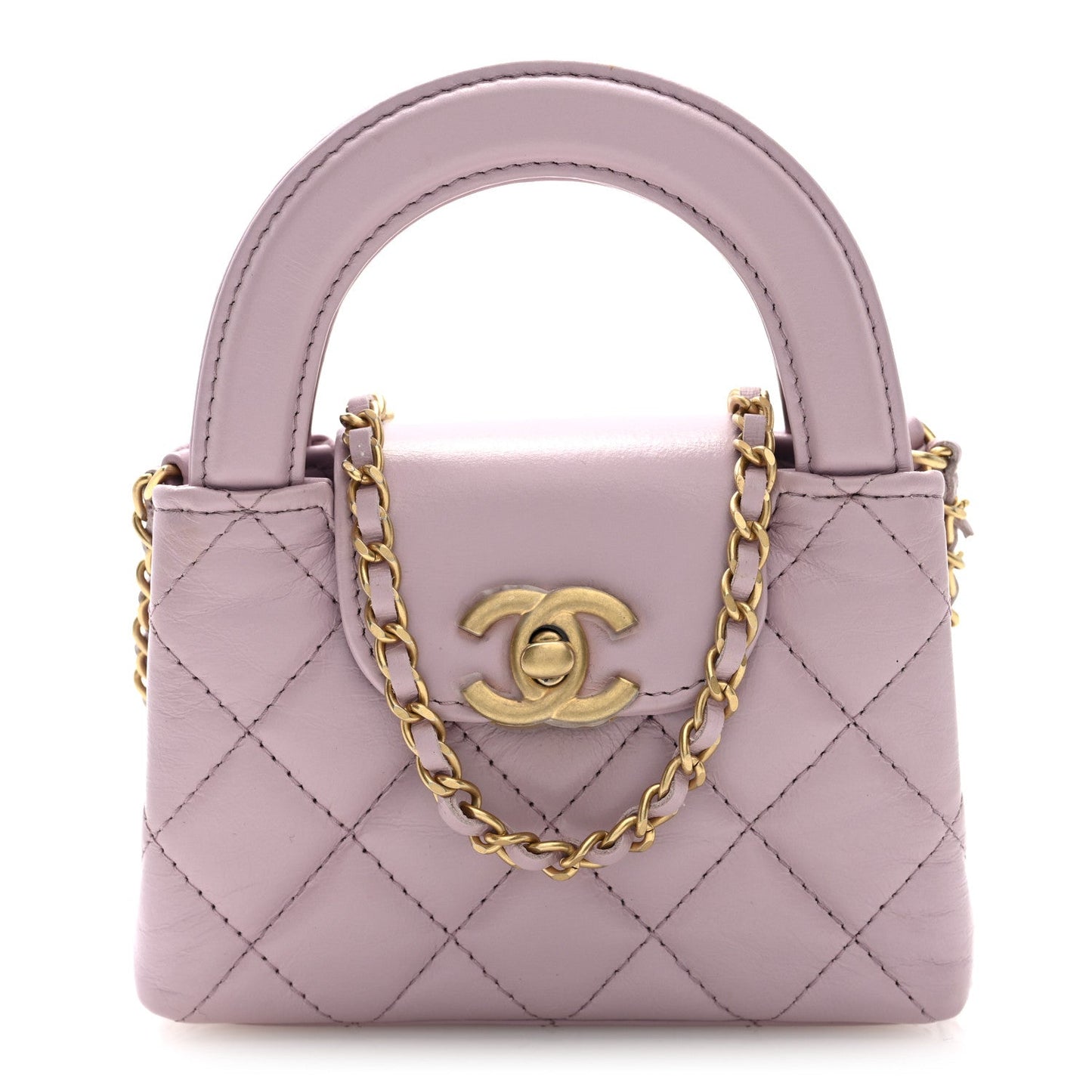 Shiny Aged Calfskin Quilted Mini Nano Kelly Shopper Light Pink