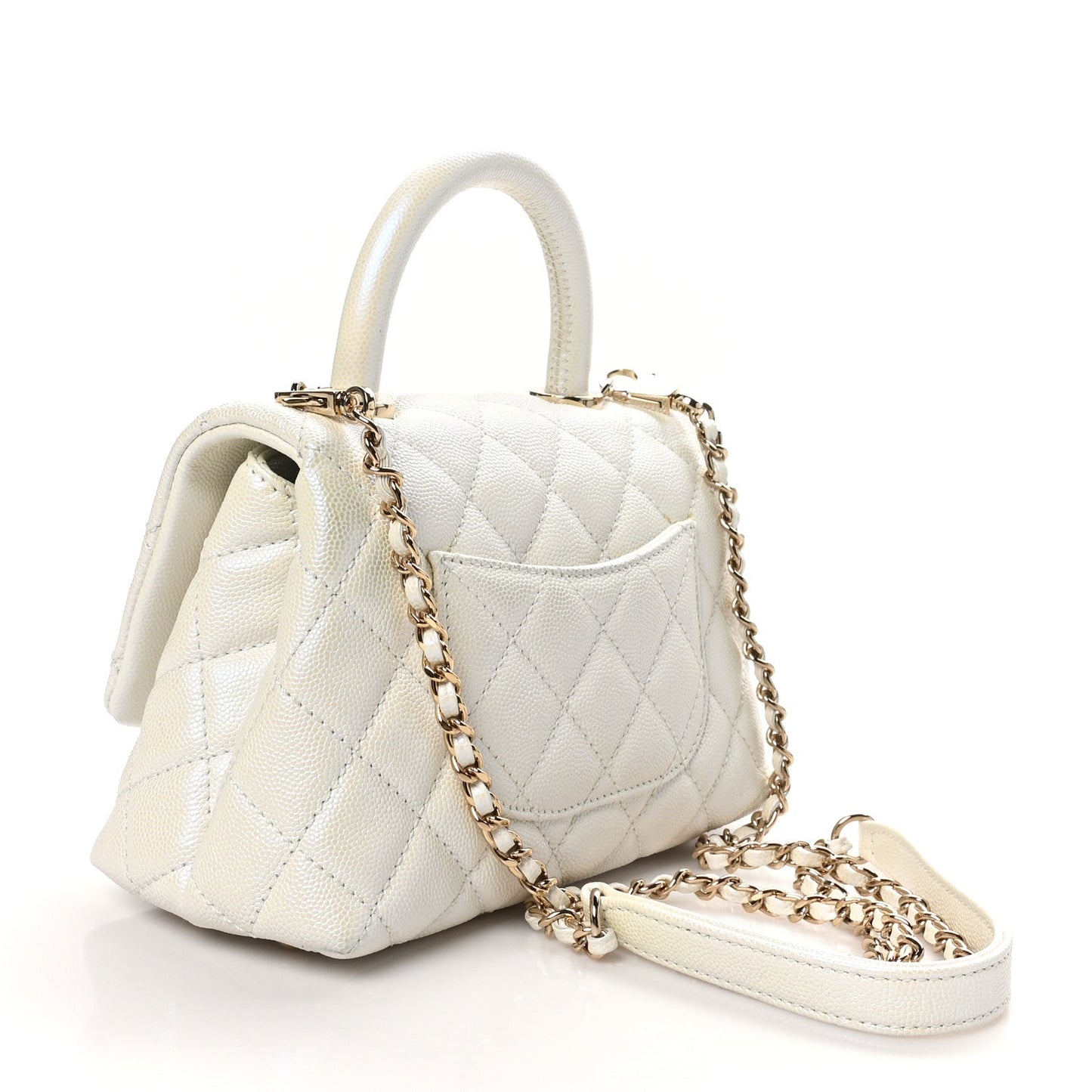 Iridescent Caviar Quilted Extra Mini Coco Handle Flap White