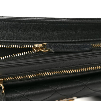 Lambskin Quilted Square Front Pocket Clutch With Chain Black