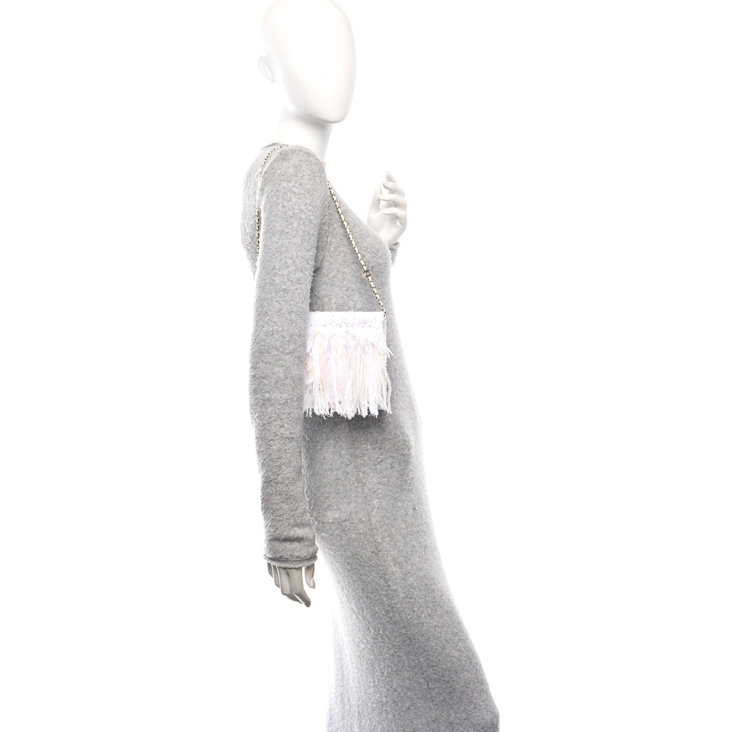 Tweed Embroidered Feathers Pearl Crystal Clutch White