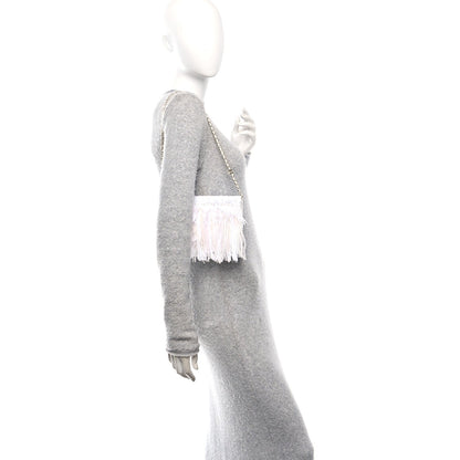 Tweed Embroidered Feathers Pearl Crystal Clutch White
