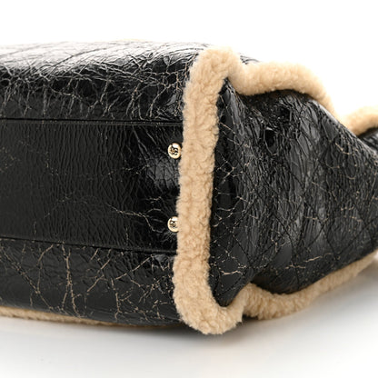 Shiny Crumpled Sheepskin Shearling CC Mania Tote Bag Black Beige