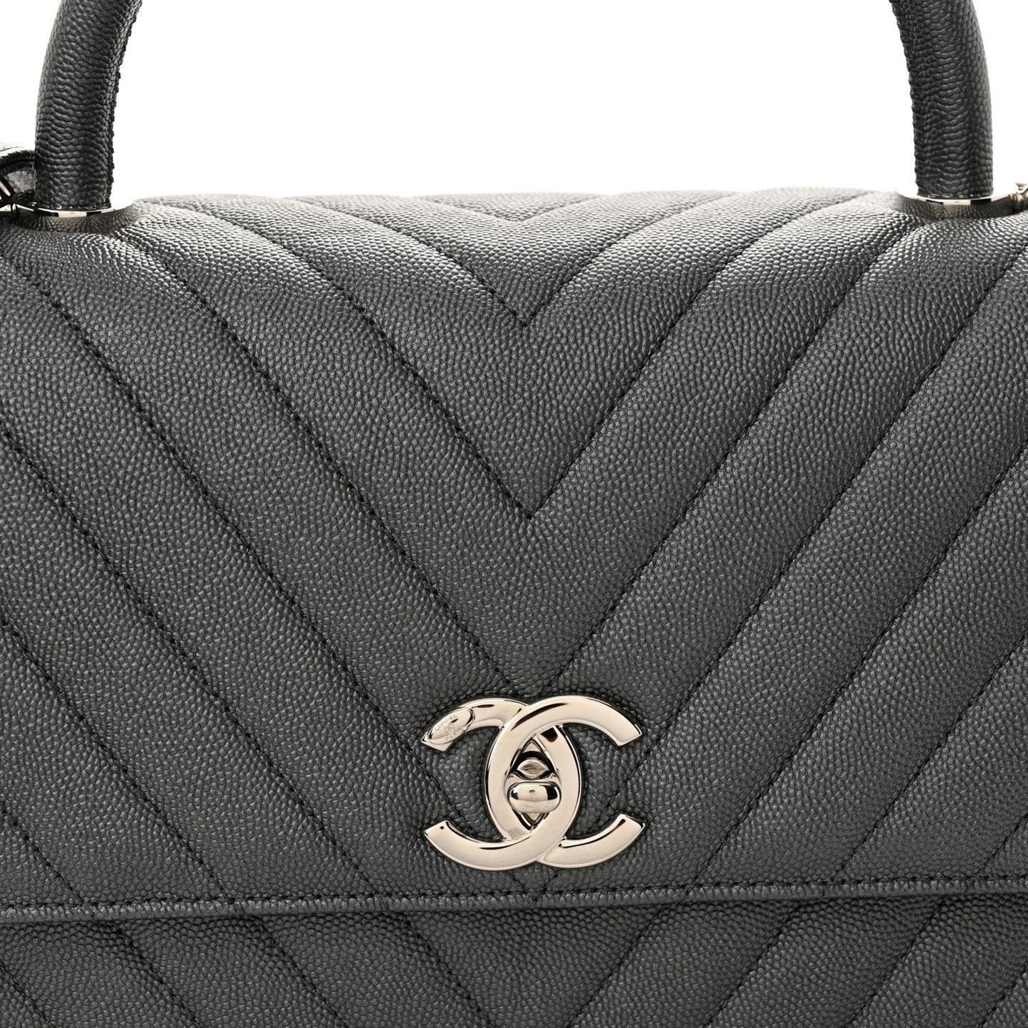 Metallic Caviar Chevron Quilted Small Coco Handle Flap Dark Silver